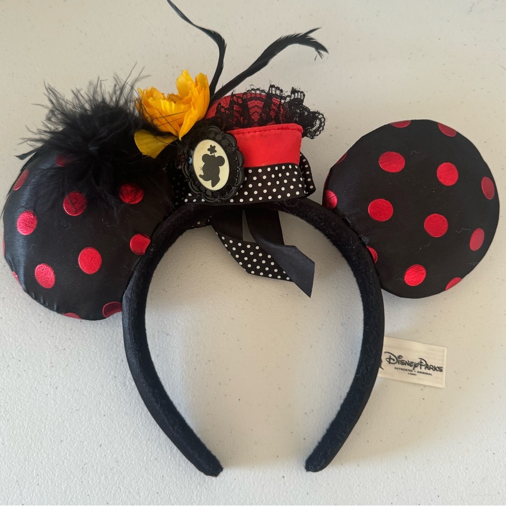 Disney Parks Minnie Mouse Ears Cameo Silhouette Feathers Polka dot